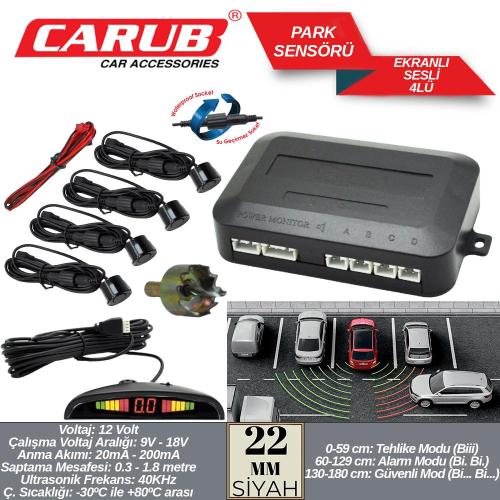 CARUB Park Sensörü EKRANLI Sesli 22mm 4Lü Siyah