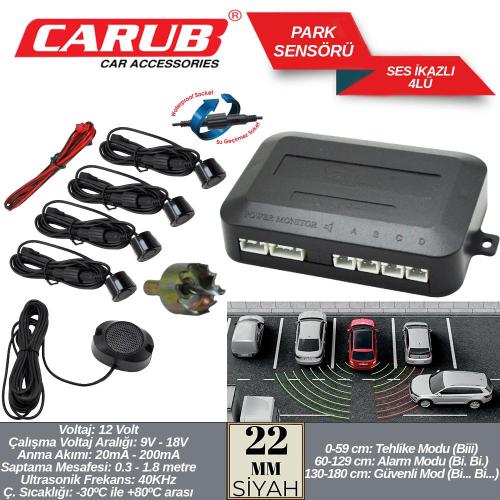 CARUB Park Sensörü Ses İkazlı 22mm 4Lü Siyah